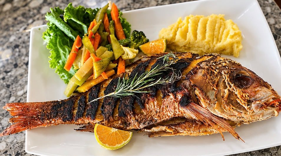 Pargo entero a la plancha con vegetales